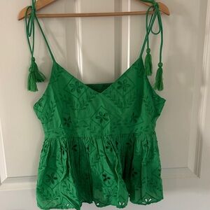 Tie-Shoulder Green Embroidered Peplum Camisole